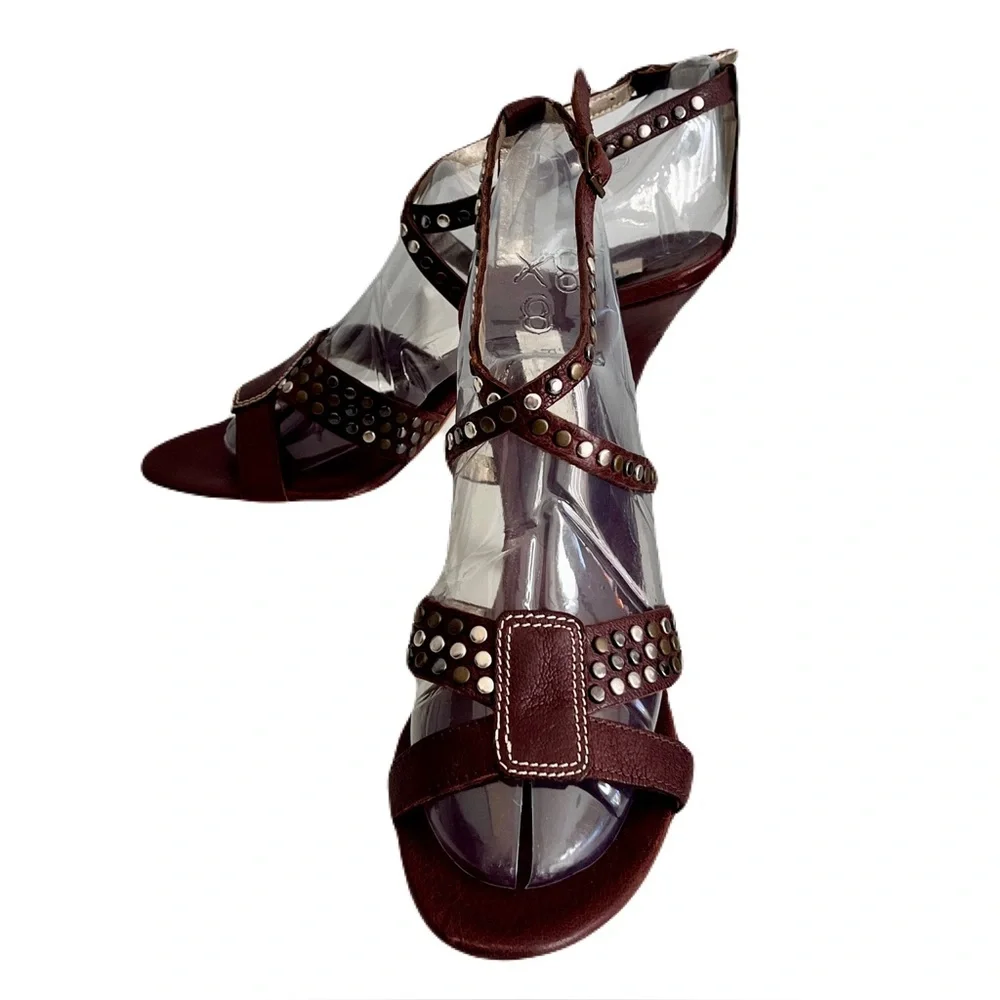 Furla Brown Leather Studded Strappy Heeled Sandals, Size 39